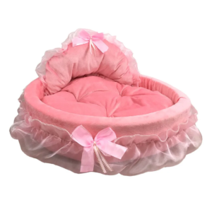 Posh Pink Lace Pet Bed with Elegant Bow Details and a Wedding-Themed Design