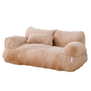 Luxuriously plush brown pet sofa with extra cushion pillow, ideal for cats and small to medium dogs to relax in comfort.