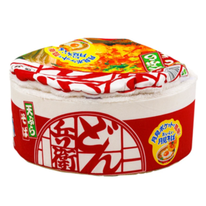 A closed instant noodle pet bed in red, designed to resemble a traditional ramen cup with a plush white cushion resembling a steaming hot broth lid.