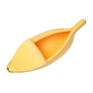 Cozy yellow banana-shaped pet bed with open peel revealing a soft, inviting orange interior, top view.