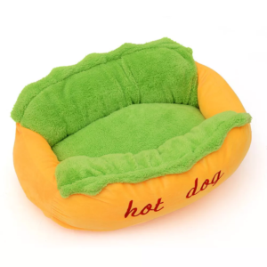Plush Hot Dog Shaped Pet Bed in Vibrant Colors, Cozy Flannel Fabric for Small to Large Pets.