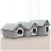 Three sizes of the Indoor Plush Soft Dog House lined up, showcasing the small, medium, and large options in a charming grey color.