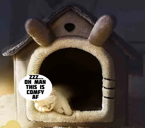 A content cat snoozes in the Indoor Plush Soft Dog House, with a humorous speech bubble exclaiming the comfort level of the bed.