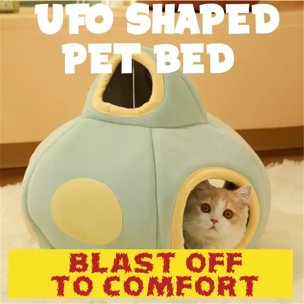 A curious cat peeking out from a pastel blue UFO Cat Bed with the tagline 'Blast Off to Comfort' emblazoned below.