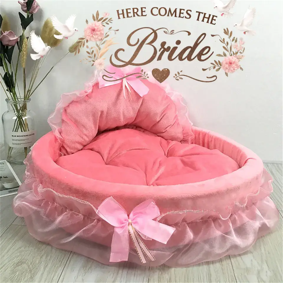 'Here Comes the Bride' sign hovering above a plush, pink, heart-shaped pet bed with delicate bow details, conjuring a fairytale wedding ambiance. 