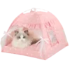 Elegant Pink Luxury Pet Tent Bed with delicate patterns and a beautiful blue-eyed cat lounging inside.