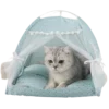 Serene Blue Luxury Pet Tent Bed dotted with a delicate pattern, showcasing a content cat enjoying its plush interior.