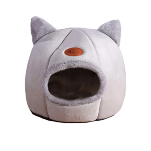 Adorable grey cat cave with cute cat ear design and a comfy entrance, providing a snug and secure sleeping space for felines.