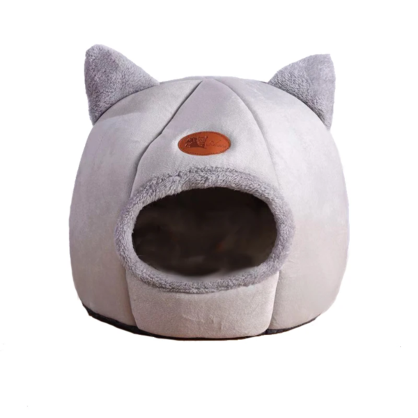 Adorable grey cat cave with cute cat ear design and a comfy entrance, providing a snug and secure sleeping space for felines.