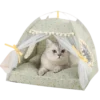 Green Luxury Pet Tent Bed with a plush interior and an adorable cat enjoying the soft, patterned fabric.