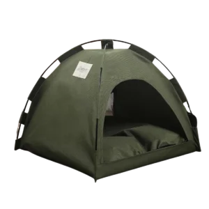 Army Green Luxury Pet Tent Bed with breathable mesh window, perfect for cats and small to medium dogs.