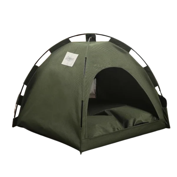 Army Green Luxury Pet Tent Bed with breathable mesh window, perfect for cats and small to medium dogs.