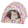 Colorful Multicolor Triangle Luxury Pet Tent Bed with a cozy interior, hosting a serene grey cat.