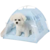 Adorable white puppy enjoying the soft and soothing light blue Luxury Pet Tent Bed with dainty details.