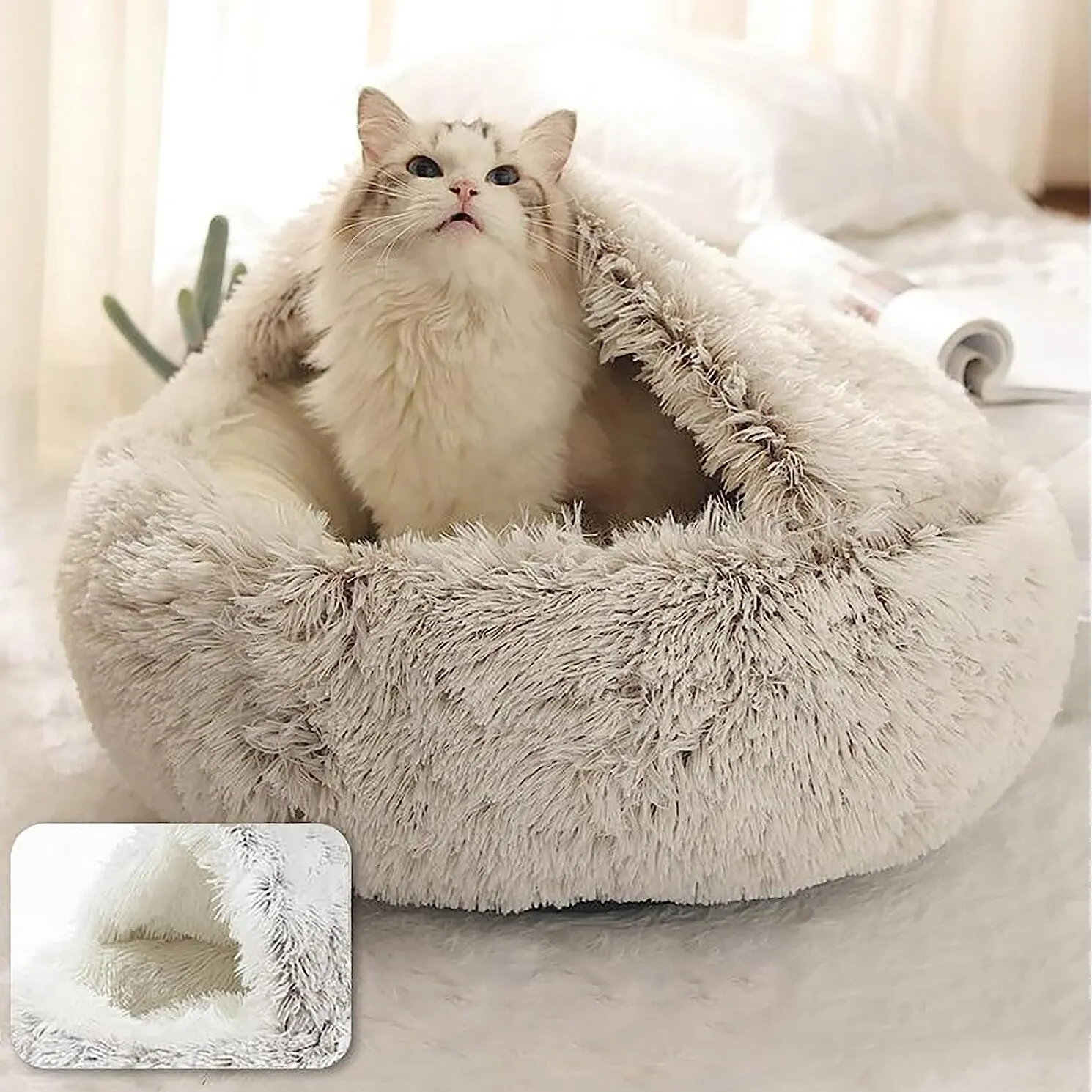 Adorable cat enjoying the luxurious embrace of a fluffy faux fur pet bed, with a close-up inset showing the bed's plush interior.