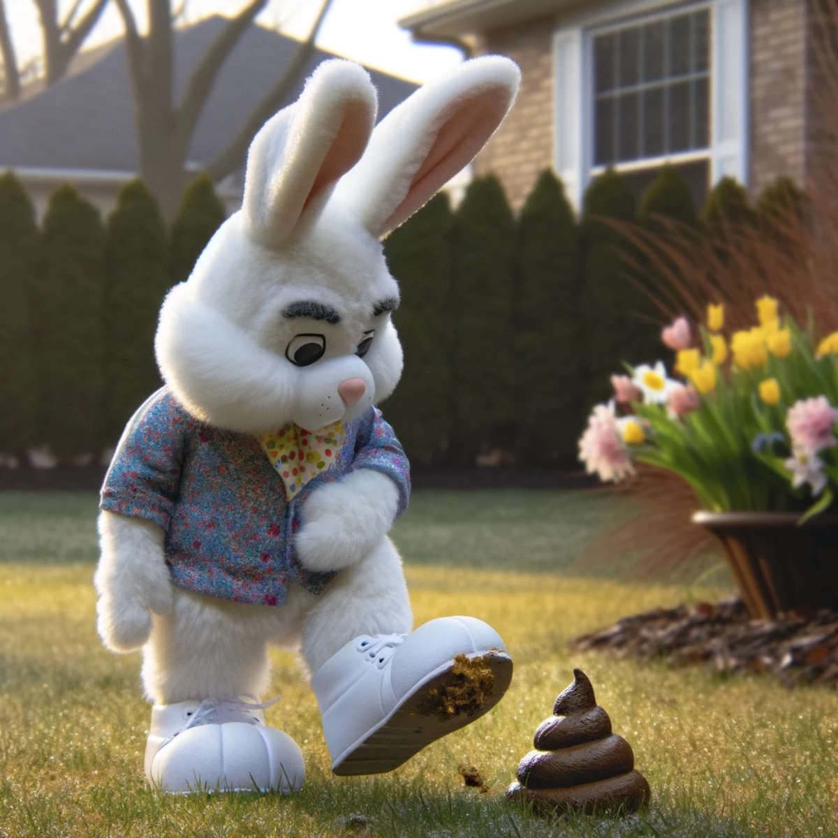 Easter Bunny in a quandary, one foot lifted, having stepped in an unfortunate surprise while hiding eggs, with a picturesque suburban background.