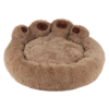 Inviting brown paw-shaped pet bed with a plush finish and darker brown toe pads, designed for ultimate pet comfort and support.