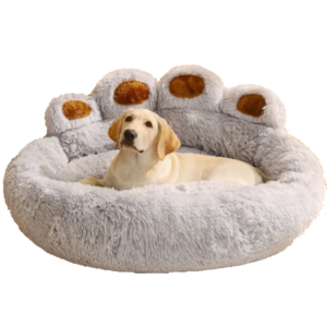 Paw-fect Comfort: Adorable Labrador lounging in a plush, paw-shaped pet bed with cozy fur finish and cushioned sides