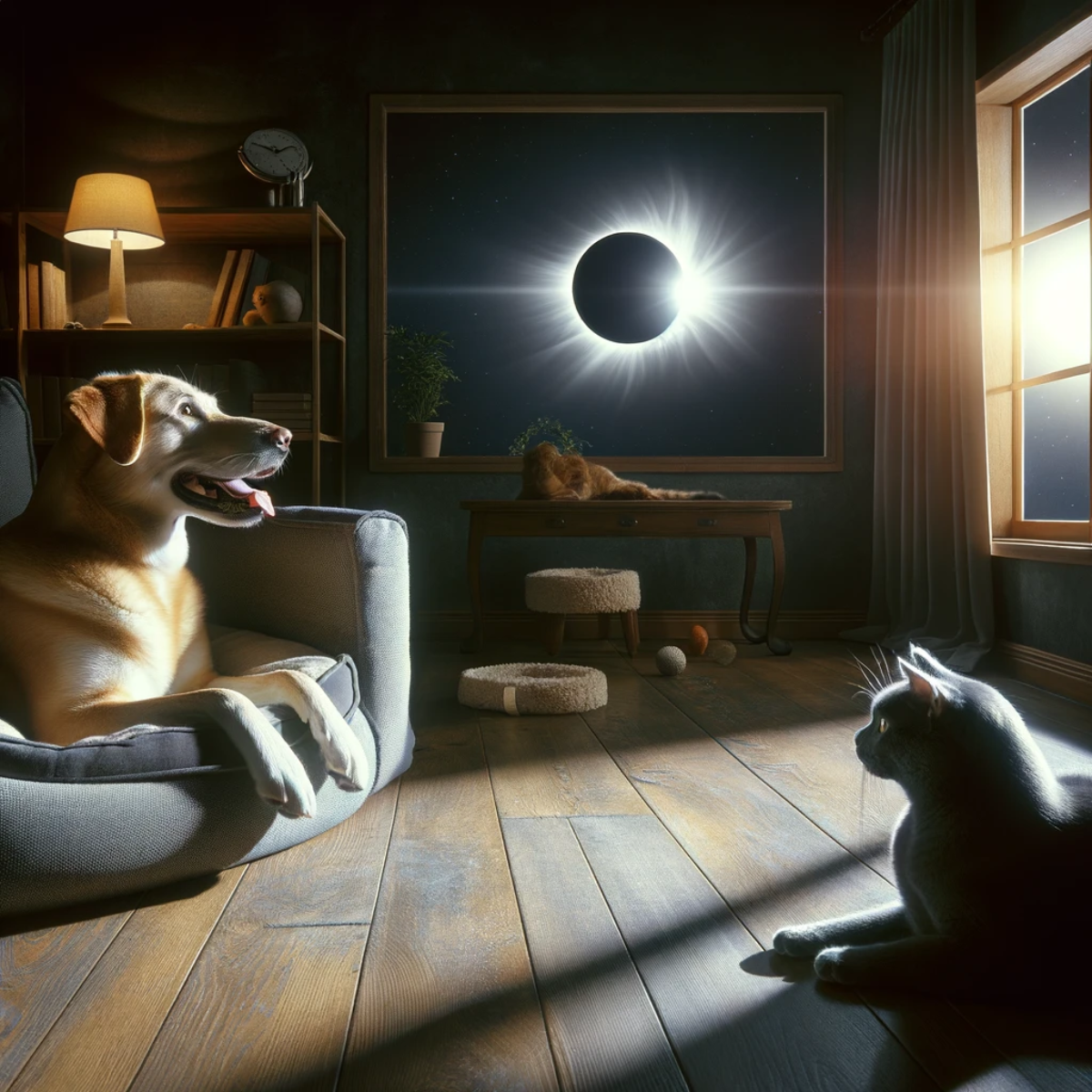 A content dog and an inquisitive cat indoors, observing a solar eclipse from a cozy room, highlighting pet safety during astronomical events.