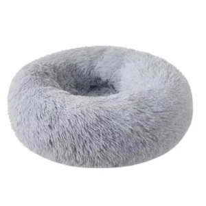 Soft plush grey shag pet bed for cats and small dogs, showing cozy and warm material.
