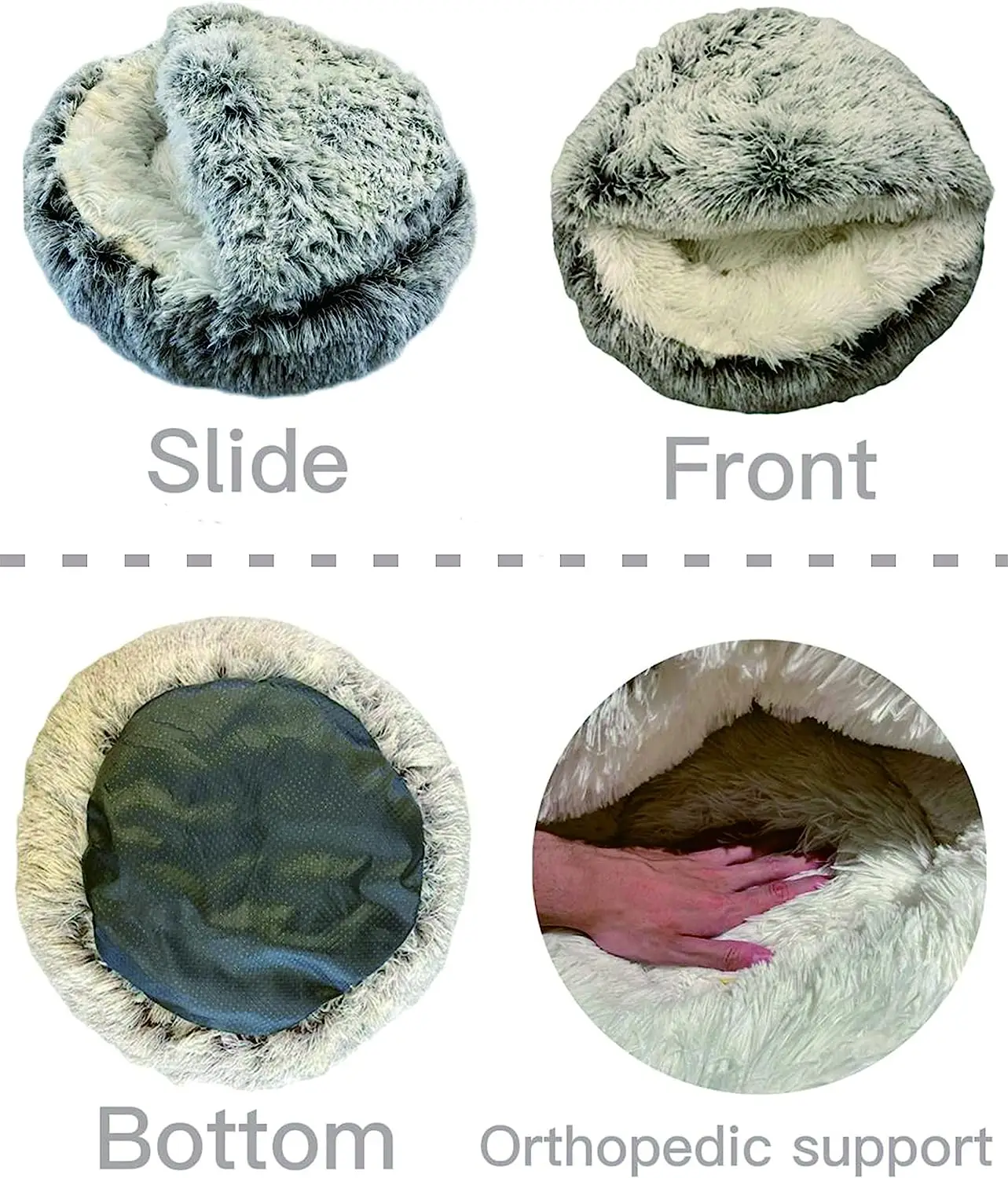 Collage of the faux fur pet bed showcasing different views: side, front, non-slip bottom, and orthopedic support with hand pressing the cushion. 